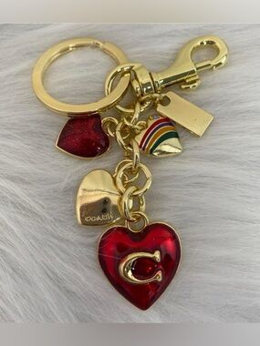 Coach Gold-tone Keyring with Red Enamel Heart Charms